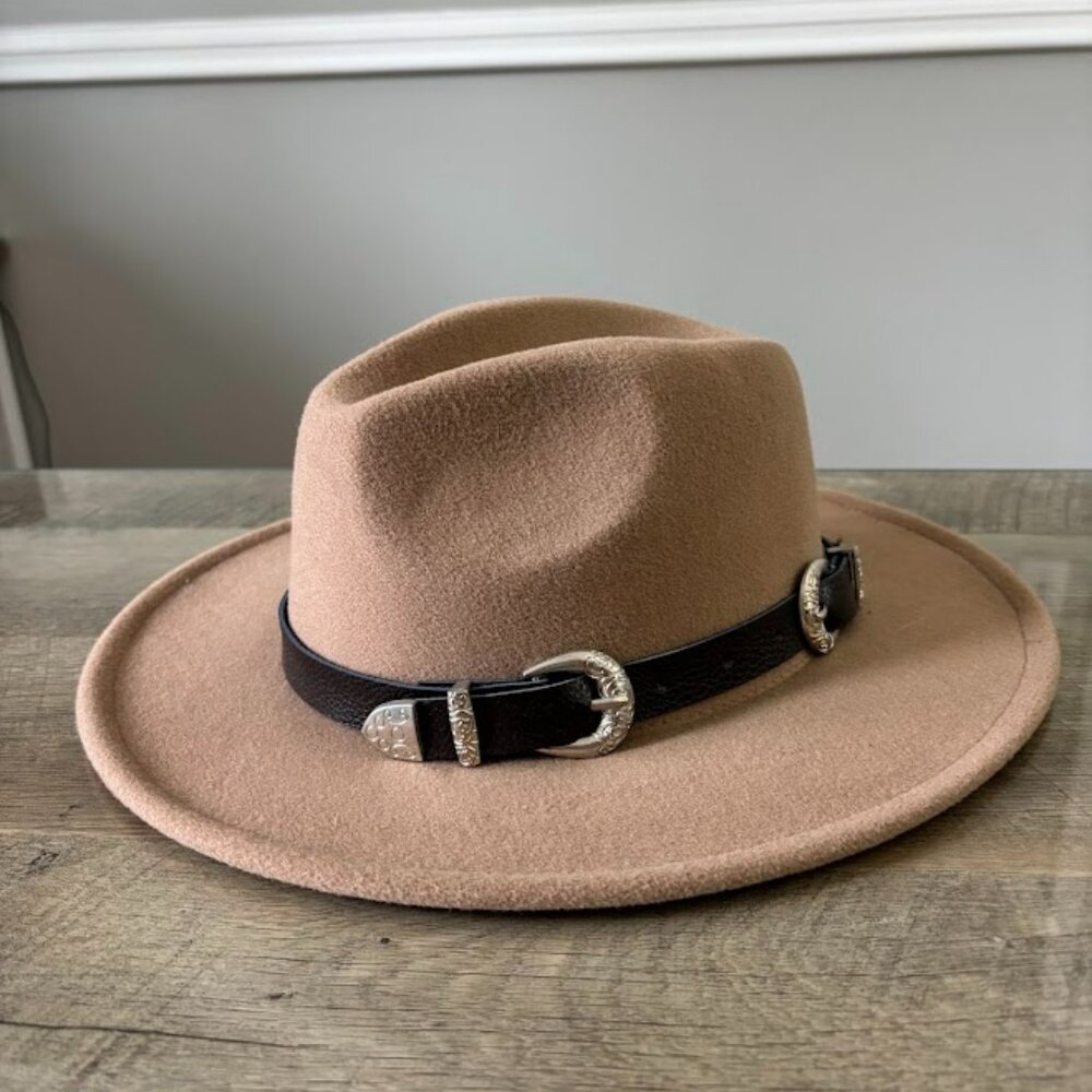 Kendal + Kylie Flat Rim Beige Hat with Buckle